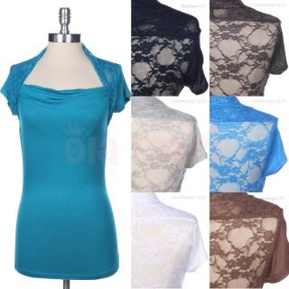 Solid Short Sleeve Plain Cowl Neck Tunic Top with Attached Floral Lace