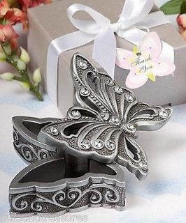 Trinket Jewelry Holder Box Butterfly Decor Pewter Color W/Glass Chips