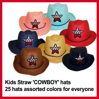 25 Kids Straw Cowboy Hats assorted colors for Birthday party or
