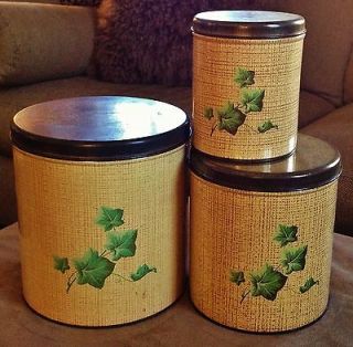 Set of 3 Vintage METAL KITCHEN CANISTERS w/ Awesome Painted Retro Ivy
