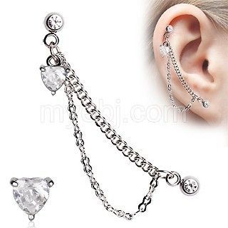 Clear 16g Heart 316L Surgical Steel Double Chained Cartilage Earring