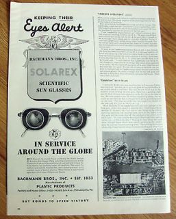 1943 Solarex Sun Glasses Ad Keeping Their Eyes Alert Bachmann Bros