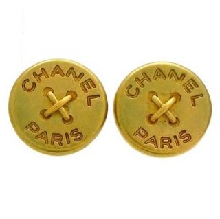 Authentic vintage Chanel earrings CC logo button round COCO #ea1159
