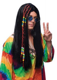 black LONG HAIR hippie wig womens men halloween costume