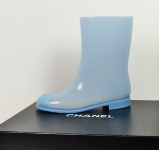 CHANEL Light Blue Rubber Rain Boot Shoes Cap Toe Size 38 8 NIB
