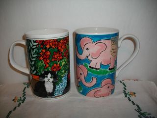 SCOTLAND STONEWARE BONE CHINA MUG/CUP~PINK ELEPHANTS~CATS ~SIGNED