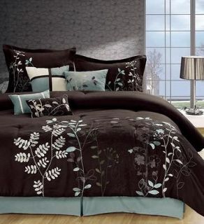 Chocolate Brown Blue FLORAL LEAF NATURE LUXURY 8PC COMFORTER BEDDING