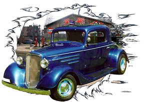 1934 Blue Chevy Coupe 3 Window Custom Hot Rod Garage T Shirt 34