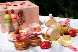 WOODEN TEA SET PICNIC CAKE FOOD PARTY BOX TOYS SET NEW