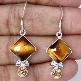 11.84cts BROWN TIGERS EYE SQUARE CITRINE 925 SILVER DANGLING EARRINGS