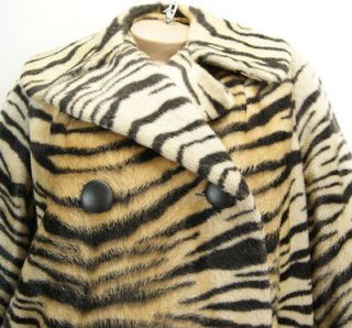 VTG 60s 70s MOD Faux Fur TIGER Print Pea Coat Womens RARE