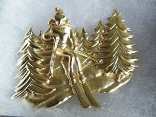 Christmas Brooch Pin Gold Tone Matte Shiney Skier 2 1/2 x 2 Inch