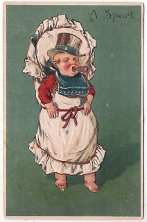COMIC POSTCARD BABY BOY SMOKING CIGAR TOP HAT BIB STANDING TOES 1907