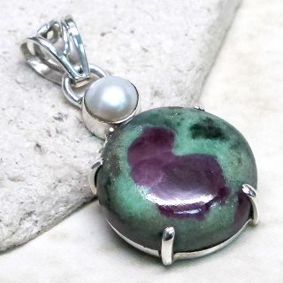 AWESOME NATURAL RUBY ZOISITE/PEARL 925 STERLING SILVER PENDANT
