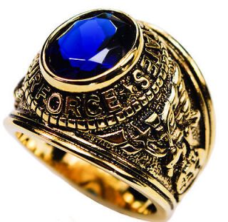 US Air Force Mens class ring simulated Blue Sapphire 14K gold overly