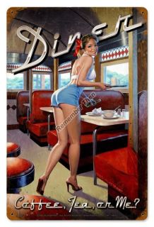 Diner Coffee, Tea, or Me? sexy pin up girl vintaged metal sign