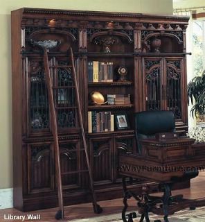 Marbella Library Bookcase Wall w/ Ladder Red Walnut Finish Home Office