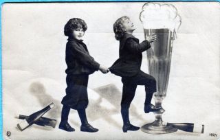 X6174 Fantasy postcard, Photo, Children with giant wine glass