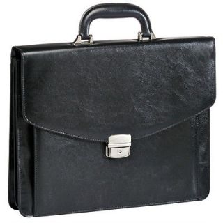 Black Leather Portfolio Briefcase with Silver Metal Press Lock Closure