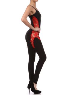 New Full length bodysuit Catsuit Unitard with Lace side Panel Red and
