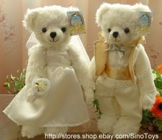 COUPLE OF WEDDING TEDDY BEARS IN WEDDING DRESS&TUXEDO
