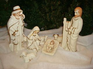Nativity Set White Glaze Gold Accent Crown Jesus Mary Joseph Shepherd