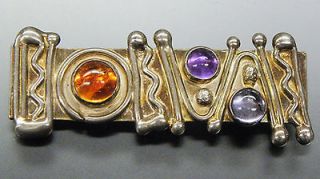 TWO TONE SS IOLITE,AMETHYST AND AMBER RIBBED AND DOT HANDMADE BROOCH