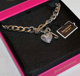 NIB JUICY COUTURE PAVE PUFFED HEART CHARM TOGGLE HEART NECKLACE SILVER