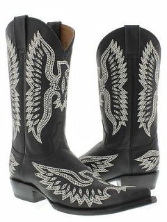 Mens cowboy boots black leather western biker rodeo phoenix eagle