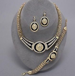 Gold Black Luxury Crystal Chunky Bracelet Necklace Set Costume Jewelry