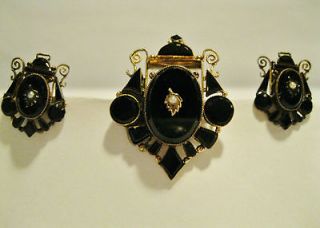Victorian Mourning Brooch and Earring Set, Onyx & Seed Pearl, Gold