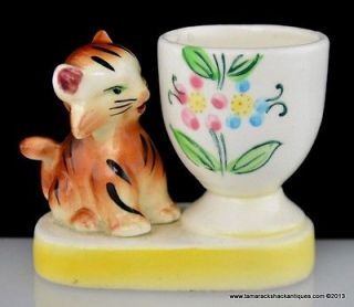 Orange Striped Cat Figurine Egg Cup Made In Japan Yellow Border VTG