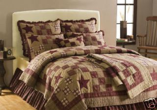 AMERICAN BURGUNDY RUSTIC STAR PATCHWORK QUEEN 5pc COMPLETE BEDDING SET