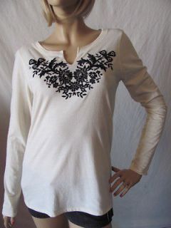 New LUCKY BRAND Womens Ivory Casual L/S Embroidered Jewel Tee Shirt