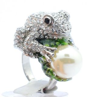 Pearl Froggy Frog Cocktail Ring 6# W/ Clear Swarovski Crystals