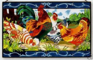 COUNTRY FRENCH HENS & ROOSTER 16x10 STAINED GLASS PANEL