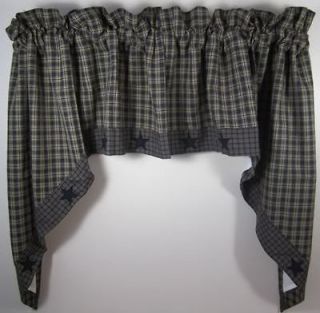 Country Navy Tan Plaid Applique Star Lined Curtain Swags 72x36