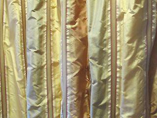 Custom Silk Dupioni Pinched Pleat Drapes in Striped Yellow, Mint and