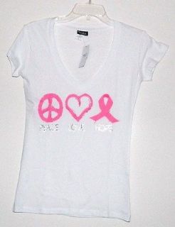 New Breast Cancer Awareness Design Peace Love Hope White,Pink V Neck T