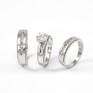 14k White Gold His and Hers Engagement Wedding Trio CZ Rings Set