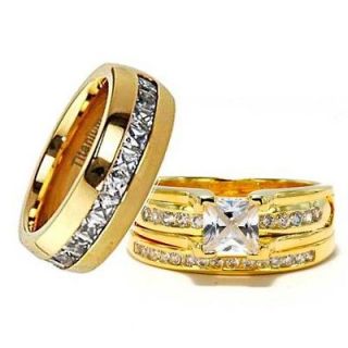 Titanium His and Hers Gold EP CZ Engagement Wedding Ring Set