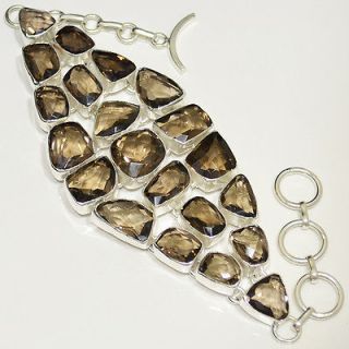 CHECKER CUT SHINY MULTIFACETED SMOKY QUARTZ .925 SILVER BRACELET 7 8