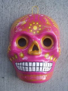 the Dead Lifesize Painted Skull Ceramic Mask, Pink w. Birds   Mexico