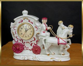 Vintage Eleco Horse Drawn Carriage Ceramic Shelf Mantel Clock