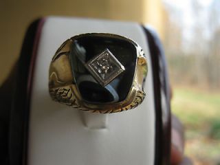 Vintage 10K Solid Yellow Gold And Diamond Mens Onyx Ring 70s