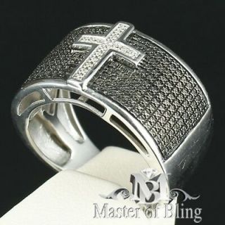 DIAMOND STERLING SILVER CARBON FIBER BLACK CROSS STYLE CLASSY ICY RING