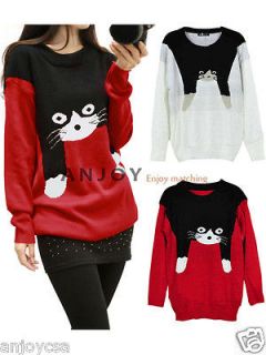 Fashion Girl Cute Cat Pattern Long Sleeve Round Neck Knit Sweater Top