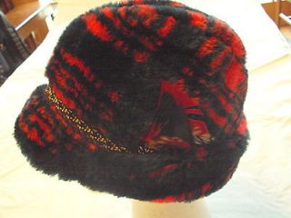 Vtg tyrol tyrolean german blk forest red plaid L fedora faux fur hat