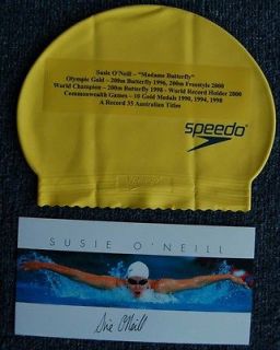 SUSIE ONEILL MADAME BUTTERFLY HAND SIGNED OLYMPIC CARD & SWIM CAP