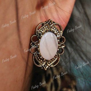 Vintage Bronze Hollow Flower White/Pink Gem Stone Ear Studs Earrings